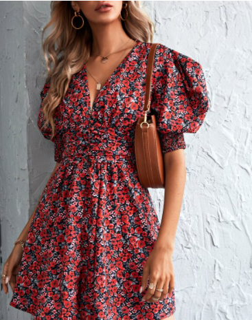 Floral Print Shirred Back Puff Sleeve Dress