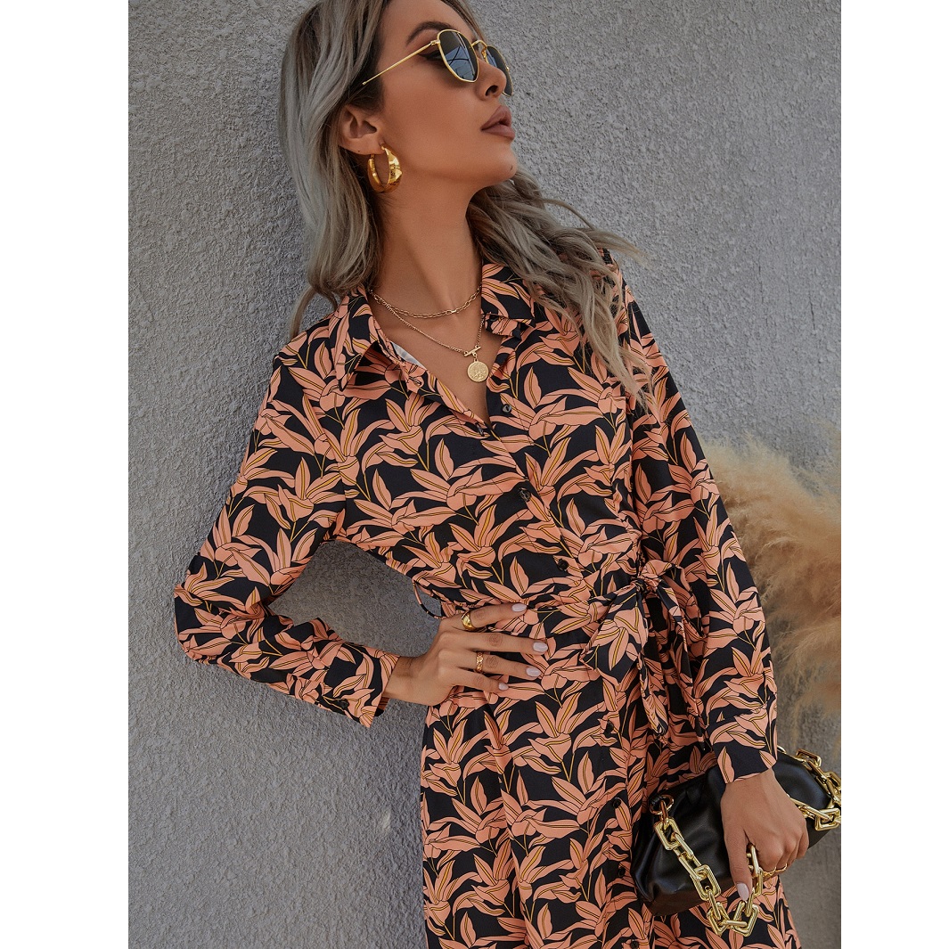 All Over Floral Print Button Front Belted Dress