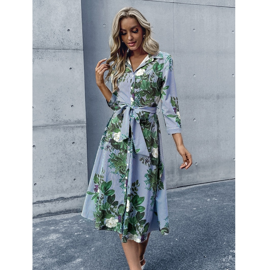 Floral Print Striped Button Up Belted Women Shirt...