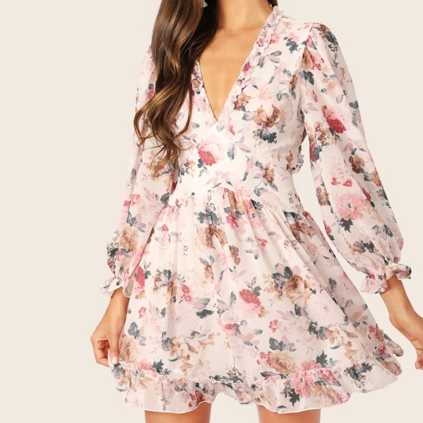Surplice Neck Button Backless Ruffle Trim Flare ...