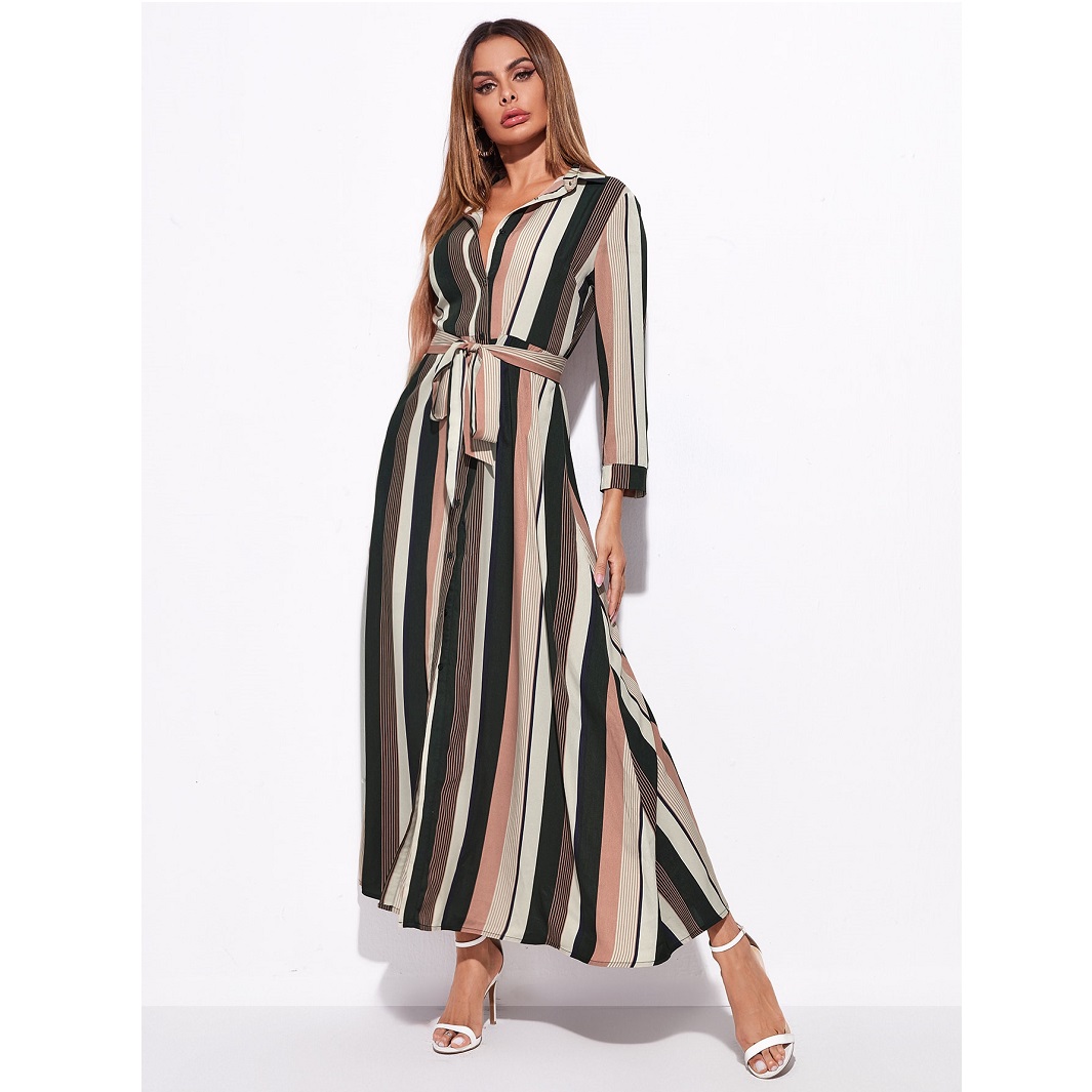 A Line Long Sleeve Self Belted Striped Shirt Dress