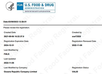 Certification of FDA Registered Facility